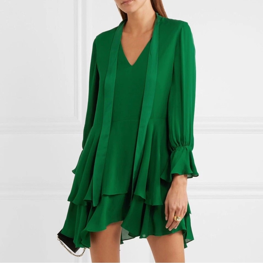 ALICE + OLIVIA Moran Silk Long sleeve ruffled mini dress w/ optional Bow SZ: S